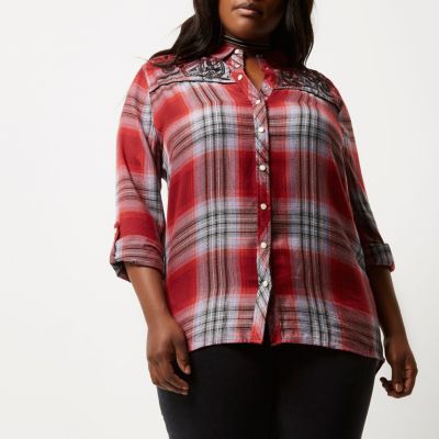 Plus red check embroidered western shirt